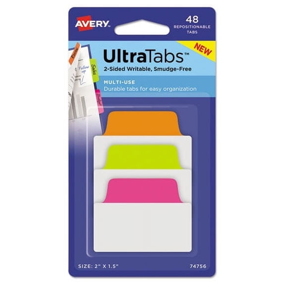 Ultra Tabs Repositionable Tabs, Standard: 2" x 1.5", 1/5-Cut, Assorted Neon Colors, 48/Pack | Bundle of 10 Packs