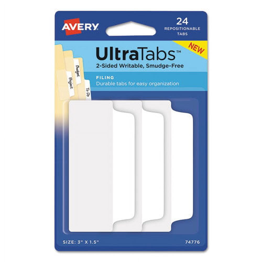 Ultra Tabs Repositionable Tabs, Wide and Slim: 3" x 1.5", 1/3-Cut, White, 24/Pack | Bundle of 10 Packs