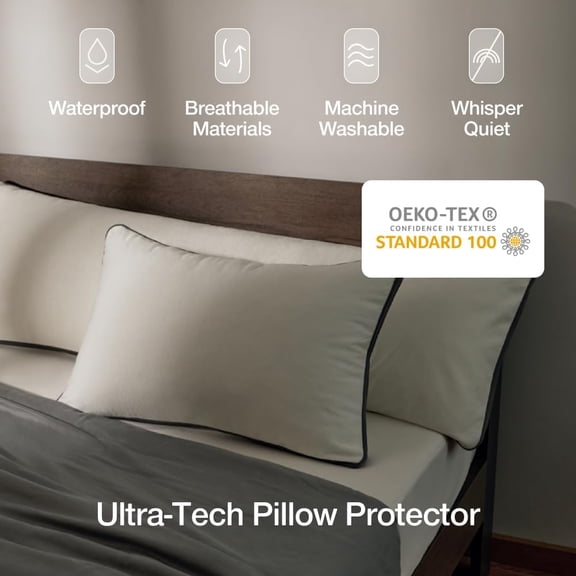 Ultra-Tech Pillow Protector for Memory Foam Pillows, Waterproof, Pack of 2 Queen Size Pillow Covers, Oeko-Tex Certified, Breathable, Zippered Covers, Machine Washable