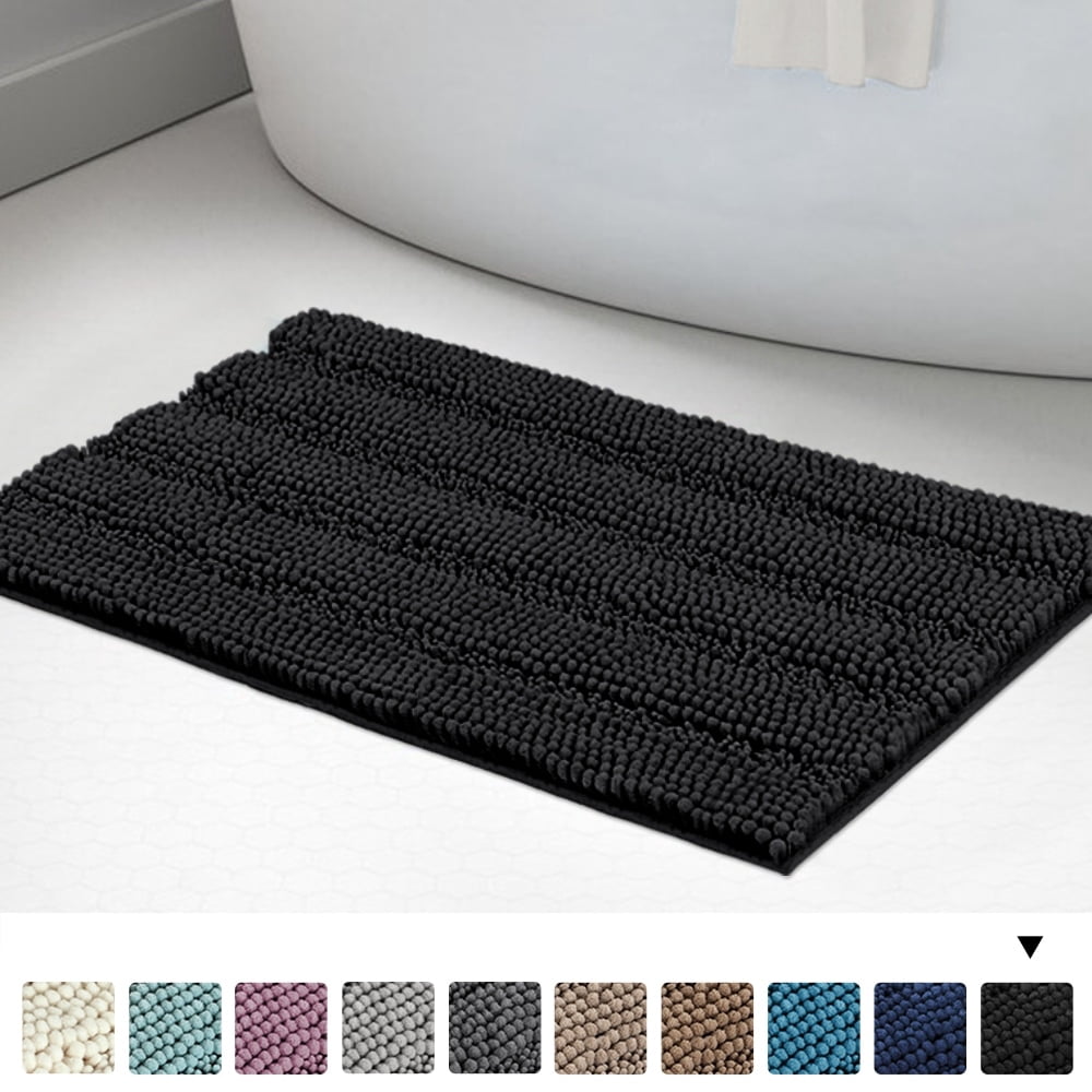 Ultra Thick Bath Rug Shaggy Chenille Absorbent Non Slip Bath Mat Black ...