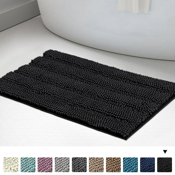 Ultra Thick Bath Rug Shaggy Chenille Absorbent Non Slip Bath Mat Black 32" x 20"