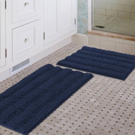 Ultra Thick Bath Rugs Shaggy Chenille Absorbent Non Slip Bath Mats Navy 32" x 20" Plus 24" x 17"