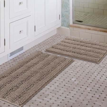Ultra Thick Bath Rugs Shaggy Chenille Absorbent Non Slip Bath Mats Taupe 32" x 20" Plus 24" x 17"