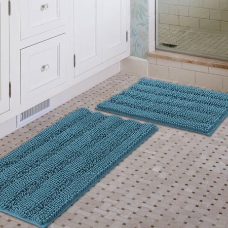 Ultra Thick Bath Rugs Shaggy Chenille Absorbent Non Slip Bath Mats Turquoise Blue 32" x 20" Plus 24" x 17"