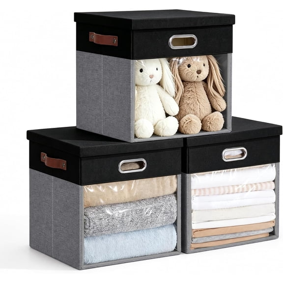 Ultra Thick Fabric Storage Cubes with Lids and Clear Windows 13 Inch Foldable Closet Bins Black and Gray
