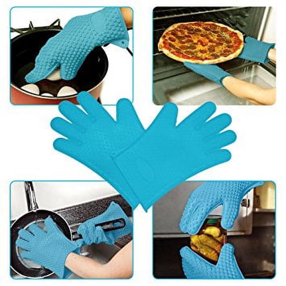 Ultra Thick Heavy Duty - Set of 2 BBQ Kitchen Grilling & Oven Mitts Gloves for Cooking Baking Barbecue Potholder - Superior and Extreme Heat Resistant - BPA Free, Dishwasher Safe, Food Grade - Blue