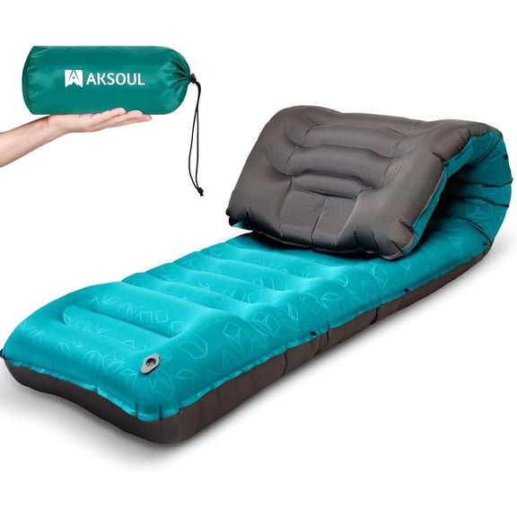Ultra-Thick Self-Inflating Sleeping Pad with Built-In Foot Pump and Integrated Pillow  Peacock Blue, Single Size, Ultralight Camping Air Mattress