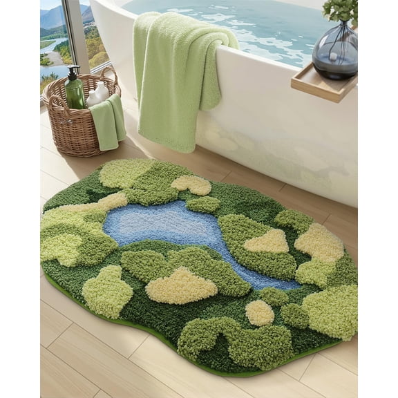 Ultra Thick Soft Green Bathroom Rug Water Absorbent Non Slip Microfiber Moss Design 20x32