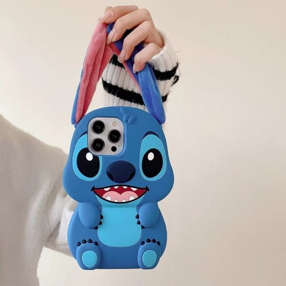 Ultra Thick Soft Silicone with Plush Ears Hand Strap for Apple Stitch Blue Color 3D Cartoon Anime Animation Classic Fun Super Cute Lovely Adorable Kids Girls Boys (for iPhone 13)