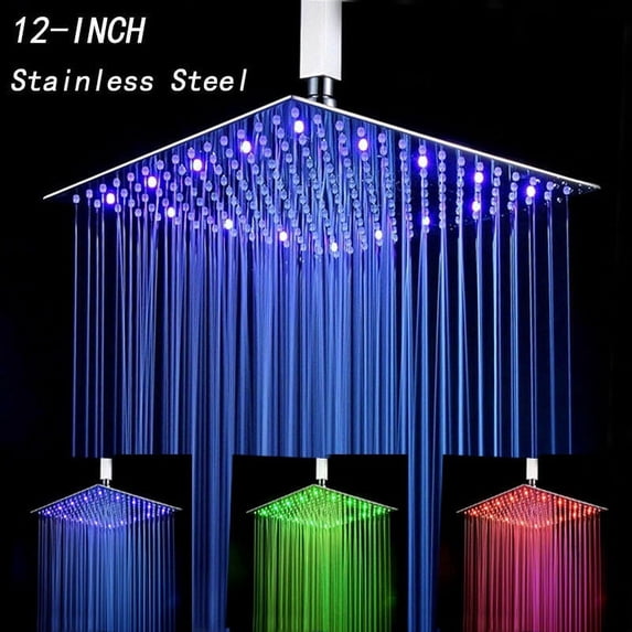 Ultra Thin 12"Chrome LED Shower Head Rainfall Adjustable Square Overhead Spray