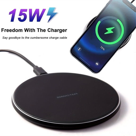 Ultra-Thin 15W Fast Wireless Charging Pad with LED Light, Portable Round Charger for Home Office, Compatible with iPhone Samsung Android, Perfect Holiday Gift