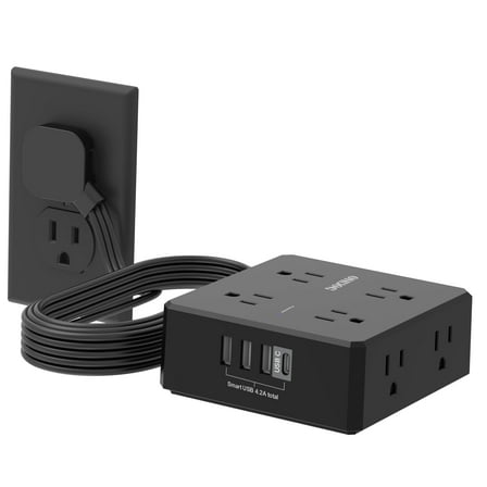 Ultra-Thin 6ft Flat Plug Power Strip, 8 AC Outlets and 4 USB Ports (1 USB C), for Dorm & Office, Black (Tcstei)