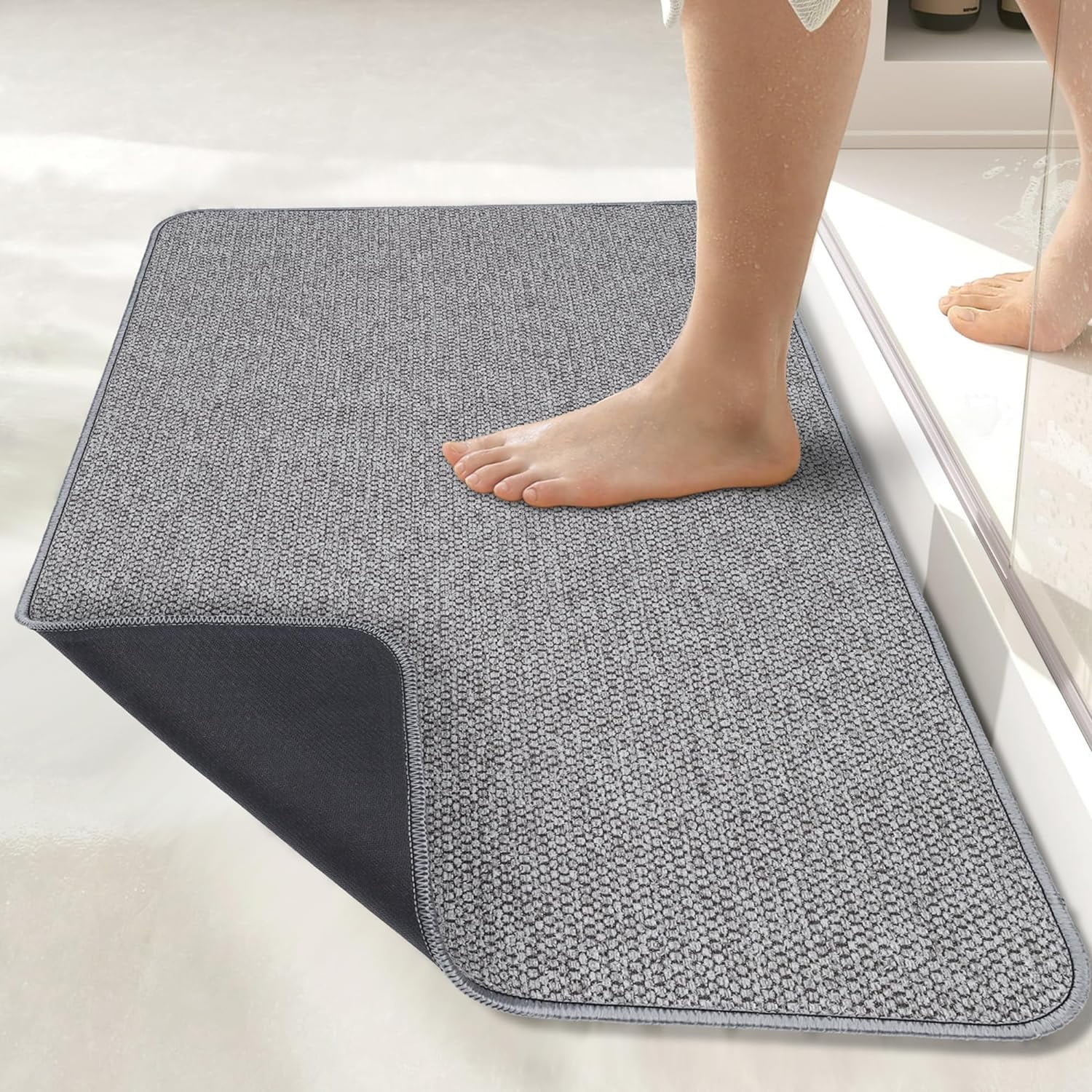 Ultra Thin Bath Mat - Quick Dry, Non-Slip Rubber Backing - Washable Bathroom Rug