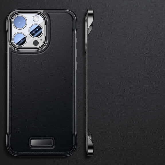 Ultra-Thin Designed for iPhone 14 Frameless Case, Slim Minimalist Bare Metal Feel Hard PC Protective Cover Plain PU Leather Borderless Phone Case for iPhone 14, Black