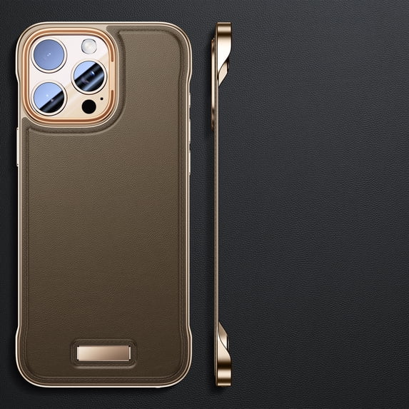 Ultra-Thin Designed for iPhone 14 Pro Frameless Case, Slim Minimalist Bare Metal Feel Hard PC Protective Cover Plain PU Leather Borderless Phone Case for iPhone 14 Pro, Gold
