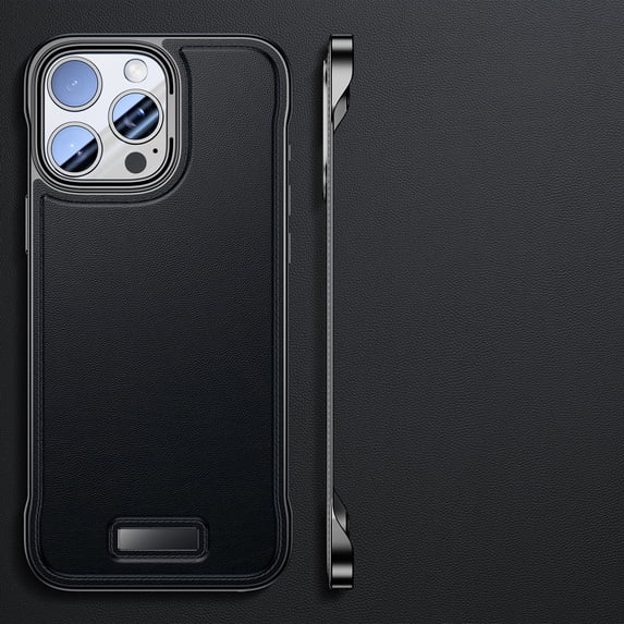Ultra-Thin Designed for iPhone 14 Pro Frameless Case, Slim Minimalist Bare Metal Feel Hard PC Protective Cover Plain PU Leather Borderless Phone Case for iPhone 14 Pro, Black