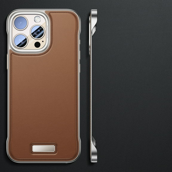 Ultra-Thin Designed for iPhone 14 Pro Max Frameless Case, Slim Minimalist Bare Metal Feel Hard PC Protective Cover Plain PU Leather Borderless Phone Case for iPhone 14 Pro Max, Brown