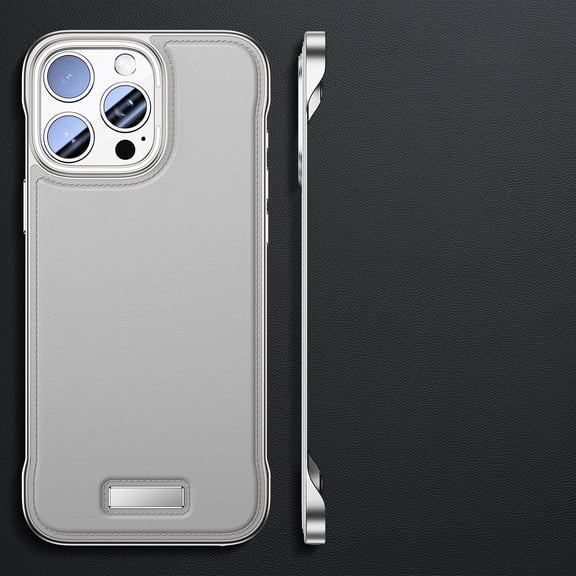 Ultra-Thin Designed for iPhone 15 Frameless Case, Slim Minimalist Bare Metal Feel Hard PC Protective Cover Plain PU Leather Borderless Phone Case for iPhone 15, Silver