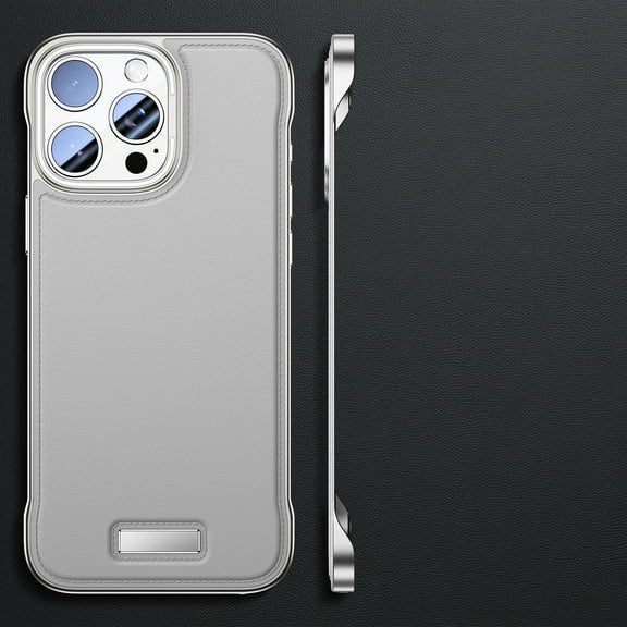 Ultra-Thin Designed for iPhone 15 Pro Frameless Case, Slim Minimalist Bare Metal Feel Hard PC Protective Cover Plain PU Leather Borderless Phone Case for iPhone 15 Pro, Silver