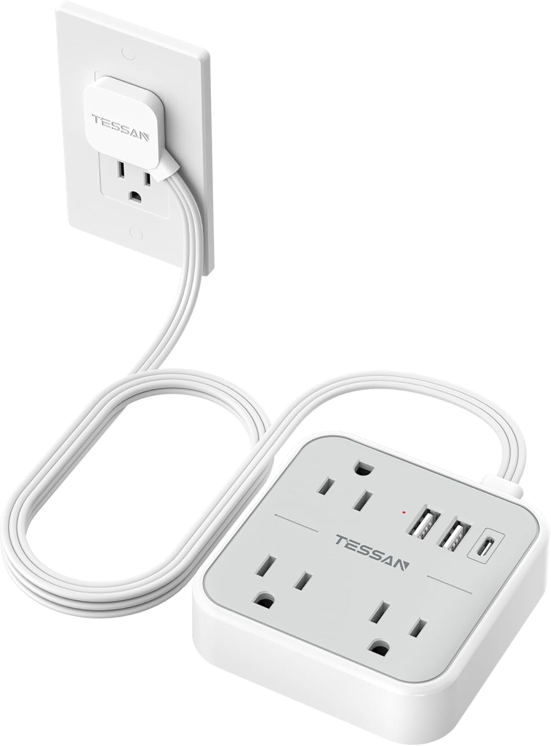 Ultra Thin Flat Extension Cord 5 FT Slim Power Strip with USB Ports (1 C) Surge Protector Plug Wall Charger 3 Outlets for Office School Dorm Room Essentials