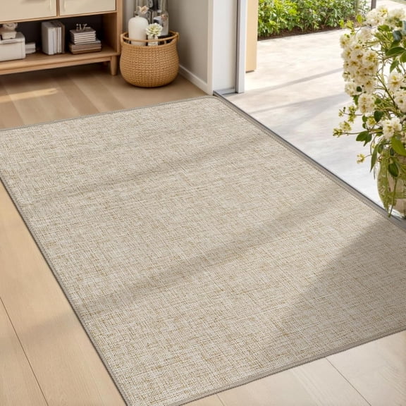 Ultra Thin Indoor Door Mat 24 x 36 Inches Low Profile Non Slip Rubber Backing Washable Solid Khaki Entryway Dirt Trapper