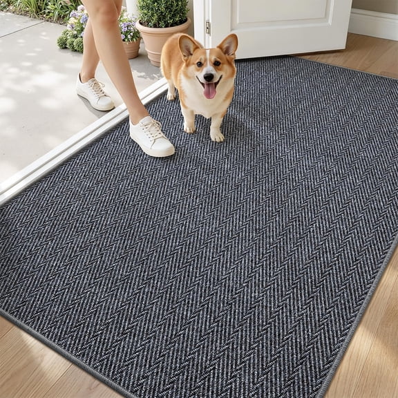 Ultra Thin Indoor Door Mat 24"x36", Non Slip Low Profile Entryway Mat, Herringbone Design Carpet for Inside, Patio, Porch in Gray