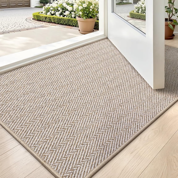Ultra Thin Indoor Door Mat for Entrance 24"x36", Non Slip Entryway Mat, Low Profile Doormat, Unique Herringbone Design Carpet for Inside, Patio, Porch, Beige
