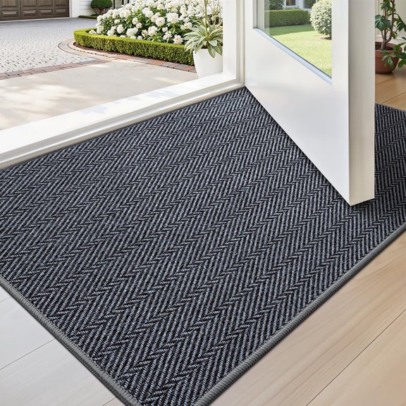 Ultra Thin Indoor Door Mat for Entrance 24"x36", Non Slip Entryway Mat, Low Profile Doormat, Unique Herringbone Design Carpet for Inside, Patio, Porch, Medium Gray