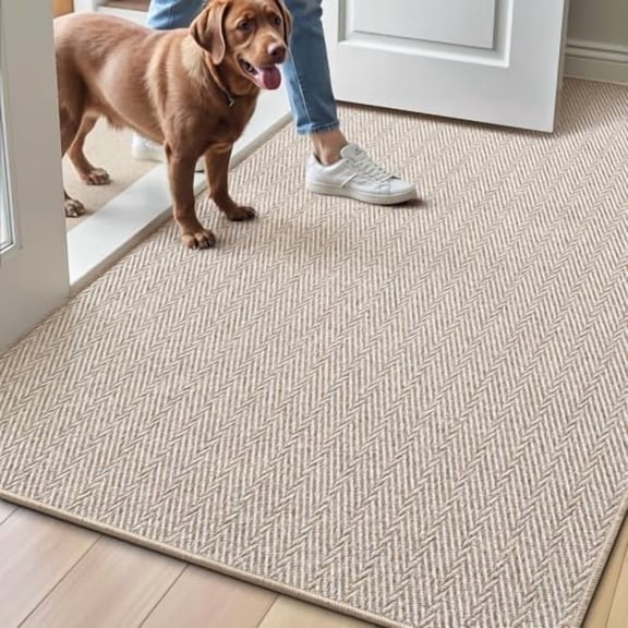Ultra Thin Indoor Door Mat for Entrance 32"x48", Non Slip Entryway Mat, Low Profile Doormat, Unique Herringbone Design Carpet for Inside, Patio, Porch, Beige