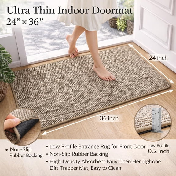 Ultra Thin Indoor Doormat 24"x36" -Low Profile Entrance Rug for Front Door, Non-Slip Rubber Backing,High-Density Absorbent Faux Linen Herringbone Dirt Trapper Mat,Easy to Clean,Light Brown