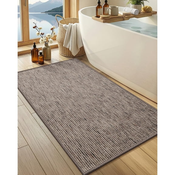 Ultra Thin Low Profile Bath Mat, Non Slip Rubber Backing Bathroom Rug Fits Under Door, Absorbent Quick Dry Shower Mat for Bathtub Shower Floor, Brown 24"x43"