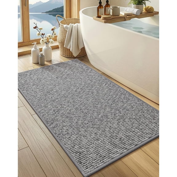 Ultra Thin Low Profile Bath Mat, Non Slip Rubber Backing Bathroom Rug Fits Under Door, Absorbent Quick Dry Shower Mat for Bathtub Shower Floor, Grey 24"x43"