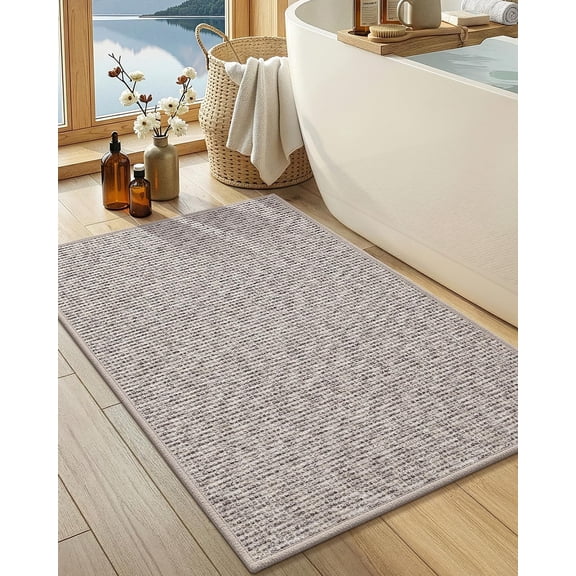 Ultra Thin Low Profile Bath Mat, Non Slip Rubber Backing Bathroom Rug Fits Under Door, Absorbent Quick Dry Shower Mat for Bathtub Shower Floor, Heathered Gray 24"x36"