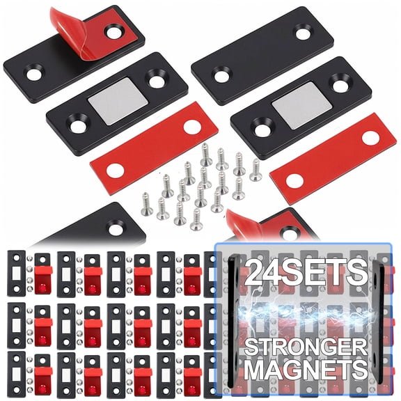 Ultra-Thin Magnetic Cabinet Catch 24pc Adhesive No-Drill Child Safety Latches with Stainless Steel Strong Magnets, for Cabinets Doors Drawers