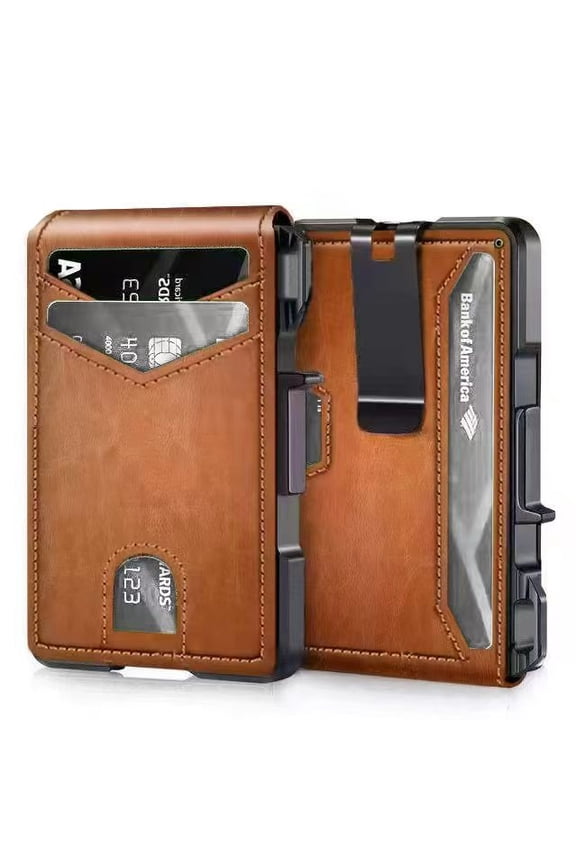Ultra-Thin Men's Wallet - Brown Anti-Theft Leather Bi-Fold RFID-Blocking Card Holder with Pop-Up Magnetic Aluminum Wallet and Cash Clip Wallet For Men