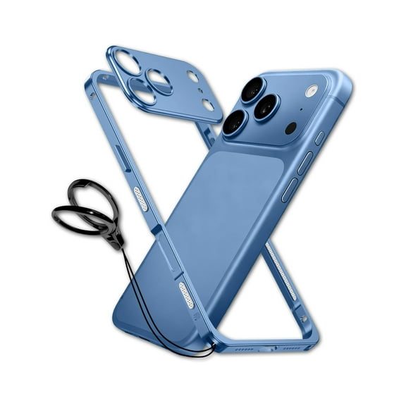 Ultra-Thin Metal Bumper Case with Lens Protector & GripRing Phone Stand for iPhone 17 Pro Max, Blue