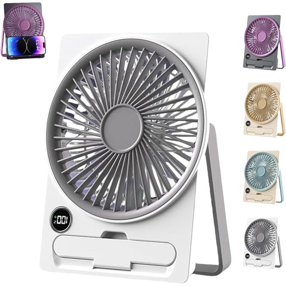 Ultra Thin Mini USB Rechargeable Card Fan, USB Rechargeable Mini Desktop Fan with Phone Holder & LCD Display, 6 Speeds Strong Wind, Portable Desk Fans for Office, Home, Travel (White)