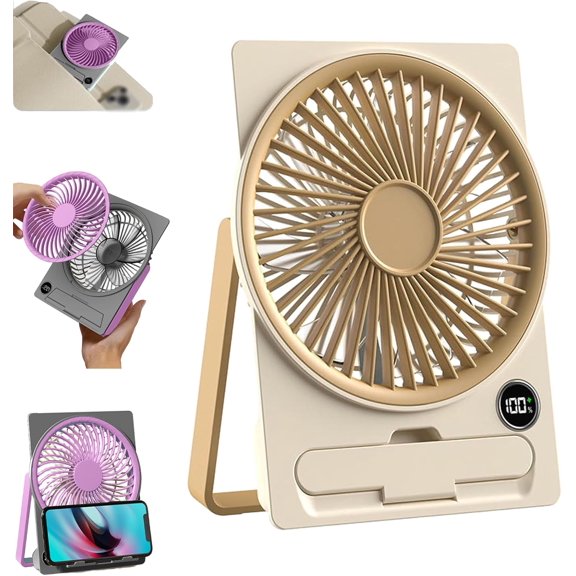 Ultra Thin Mini USB Rechargeable Card Fan, Ultra-Quiet Portable Desk Fans, 180° Tilt Folding Table Fan with Phone Holder, for Office, Home (Khaki)