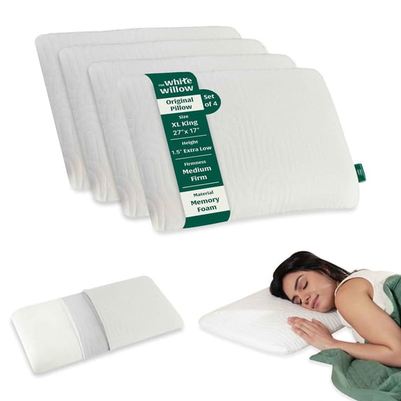 Ultra Thin Pillow For Sleeping, Orthopedic Cervical Pillow - King Size - 1.5 Inch | Ultra Slim Memory Foam Pillow For Neck & Shoulder Pain Relief, Flat Pillow, Washable Cover - Set Of 4