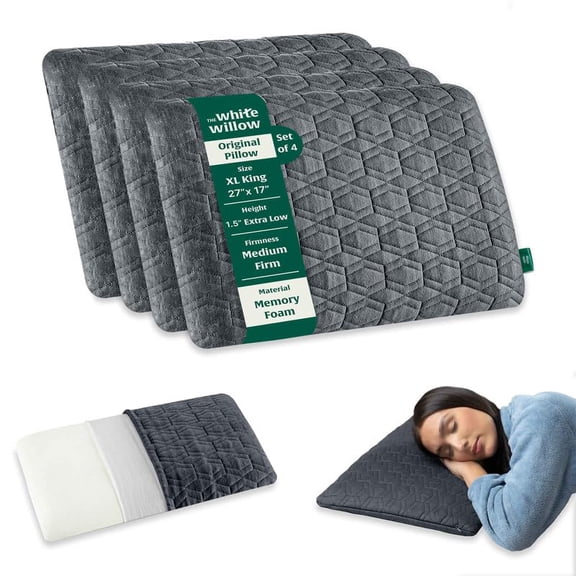 Ultra Thin Pillow For Sleeping, Orthopedic Cervical Pillow - King Size - 1.5 Inch | Ultra Slim Memory Foam Pillow | Slim Pillow For Neck & Shoulder Pain Relief - Flat Pillow - Set Of 4