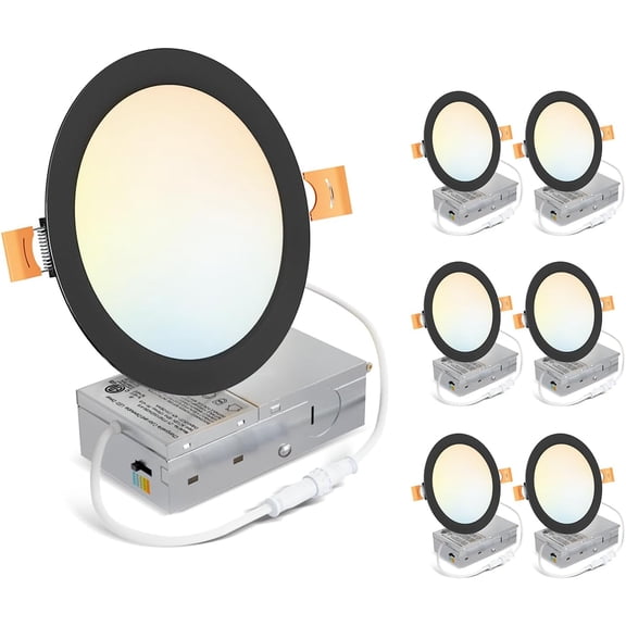 Ultra-Thin Recessed Lighting 6 Inch with Junction Box, 1200LM 2700K-5000K 5CCT LED Ceiling Lights, Dimmable Canless Wafer Downlight, ETL,FCC&IC, Smooth Trim, 6 Pack Black