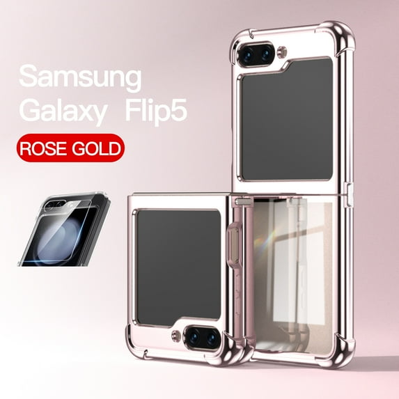 Ultra-Thin Samsung Galaxy Z Flip 3 Case, Luxury Perfect Clear Plating Hard PC Crystal Transparent Cover, Finish Anti-Scratch Shockproof Protection Case for Galaxy Z Flip 3, Rosegold