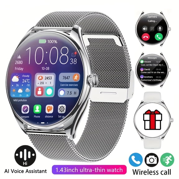 Ultra-Thin Smartwatch, 1.43" AMOLED HD, Zinc Alloy Case, Multi-Sport Modes, Step Counter, Weather, Custom Watch Faces, Fitness Tracker for Android