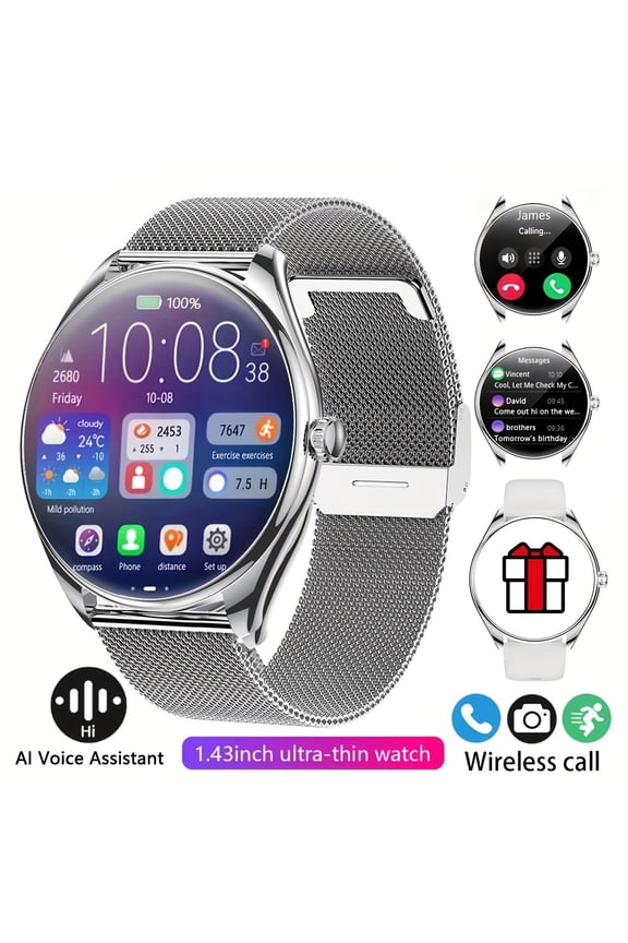 Ultra-Thin Smartwatch, 1.43" AMOLED HD, Zinc Alloy Case, Multi-Sport Modes, Step Counter, Weather, Custom Watch Faces, Fitness Tracker for Android