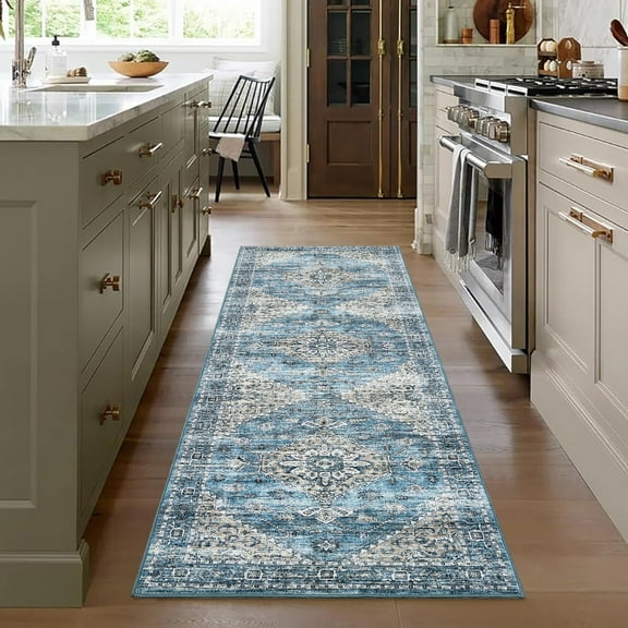 Ultra-Thin Washable Area Rug with Non-Slip Backing, Soft Medallion Pattern Vintage Style Carpet, Foldable Stain-Resistant Indoor Rug for Living Room, Bedroom, Home Office