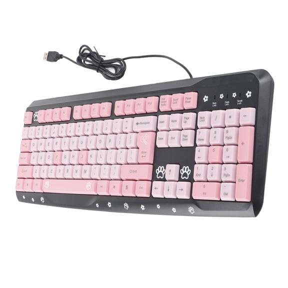 Ultra-Thin Wired USB Computer Keyboard for Office Laptop, Silent 104 Keys, Cute Cartoon Black and Pink