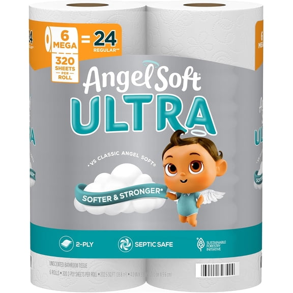 Ultra Toilet Paper, 6 Mega Rolls = 24 Regular Rolls, 2 Ply Toilet Tissue