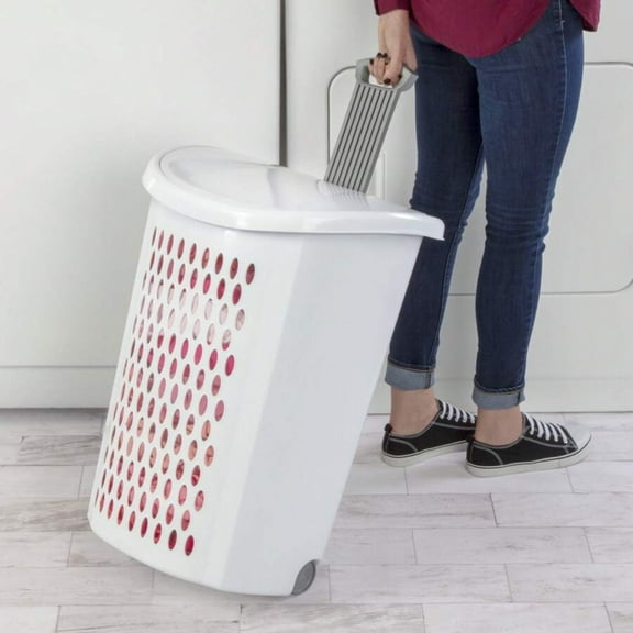 Ultra Wheeled Design Clothes Laundry Basket, Basket Collection,135 Liter (20 1/8" X 15 3/8" X 26 3/4")Capacity, Laundry Hamper White Lid & Base W/Plastic Handle & Wheels