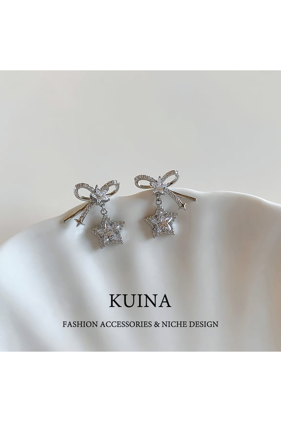 Ultra-flash silver bow star earrings female new explosive models of light luxury senior sense of earrings earrings temperament earrings