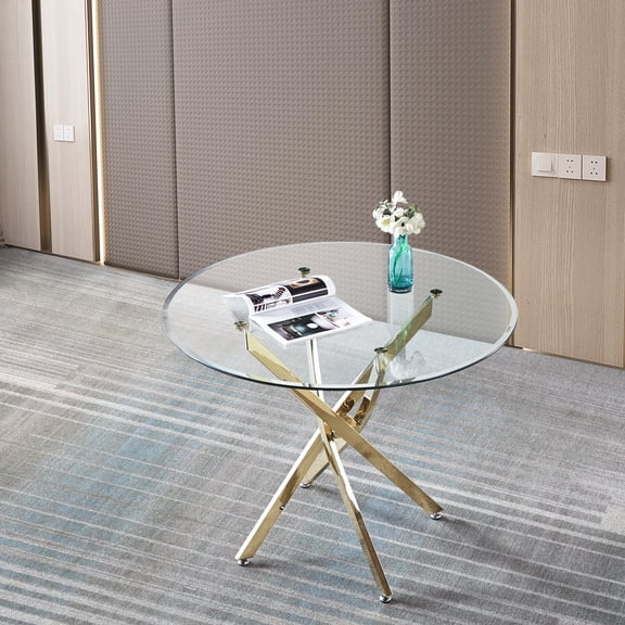 Ultra-modern Round Tempered Glass Table With Gold Stainless 30.14" High Legged Clear Dining